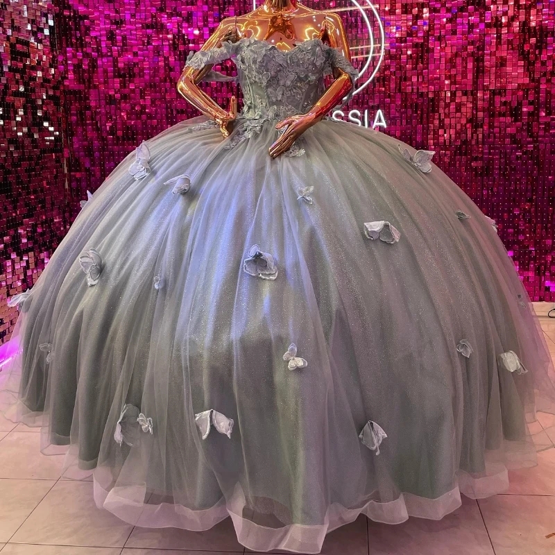 Grayish Green Shiny Sweetheart Princess Quinceanera Dresses Butterfly Beads Tull Off the Shoulder Corset Vestidos De 15 Anos Sweet 16 Dress
