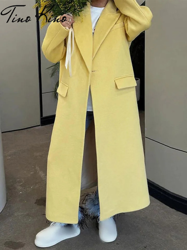 Elegant Yellow Womens Coat Loose Lapel Long Sleeve Button Pockets Outwears Female 2024 Autumn Fashion Lady High Streetwear 240930