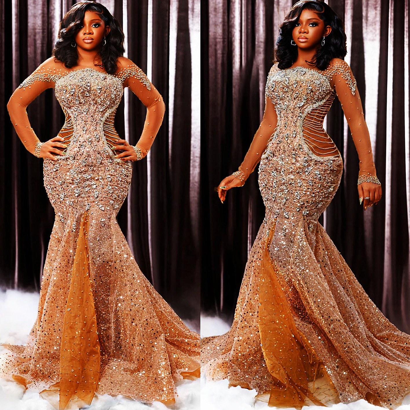 Aso Ebi 2024 Brown Mermaid Prom Dresses Rhies Beaded Sequined Evening Formal Party Second Reception Birthday Gowns Dress For Special Ocns ZJ024