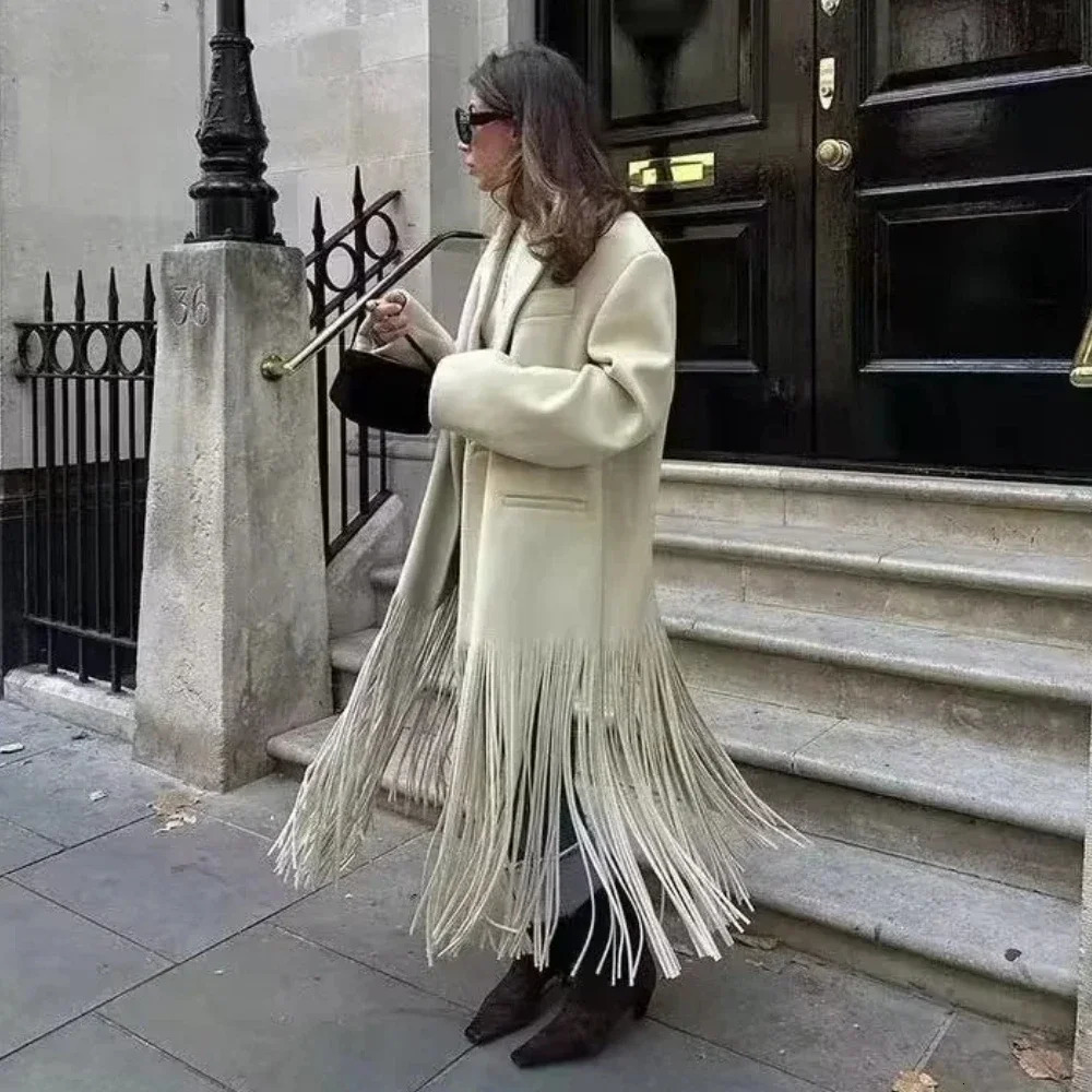 Winter Tassel Blends Coats for Women Fashion Single Button Lapel Warm Windbreaker Long Sleeve Casual Overcoats 2024 Apricot 240930