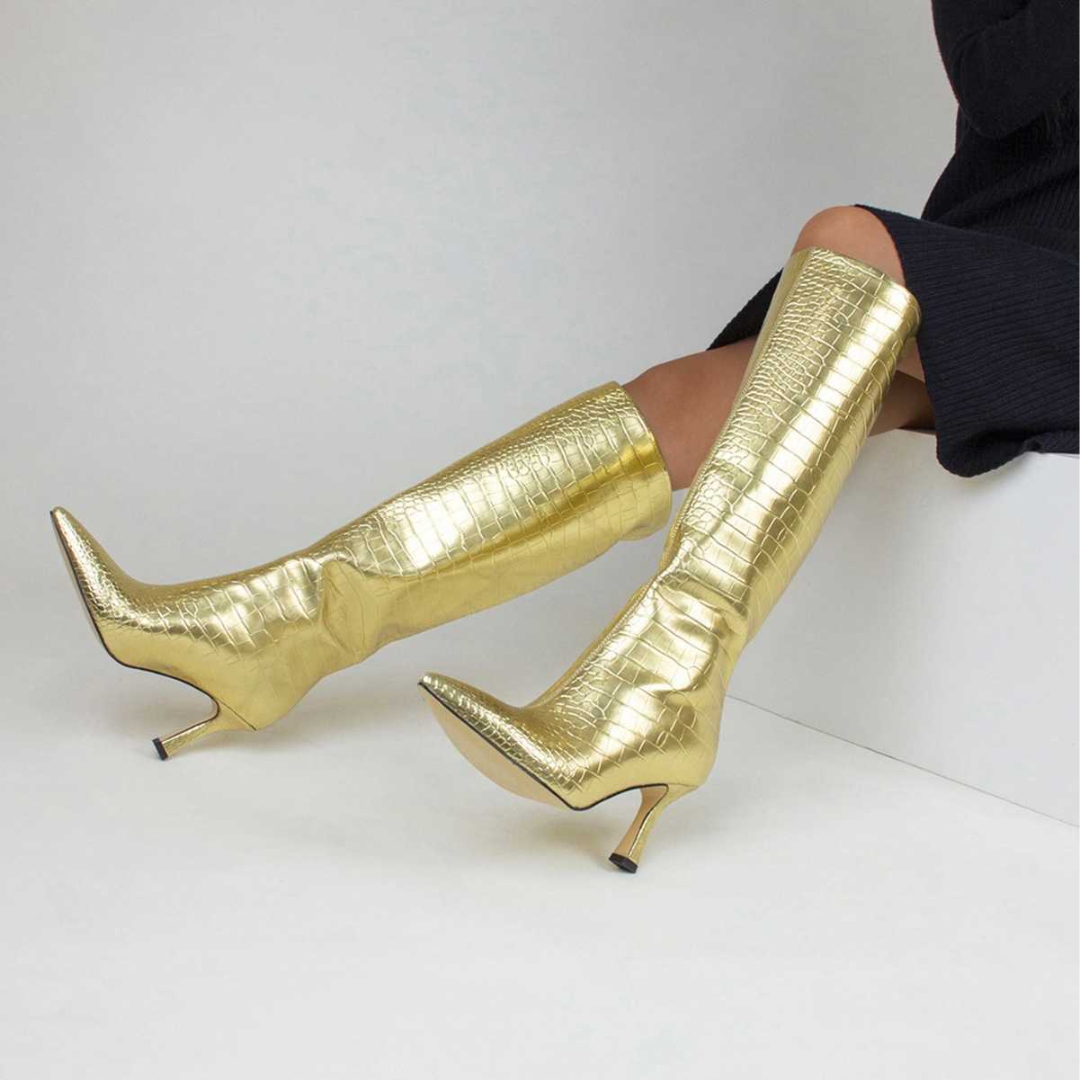Gold Crocodile Pattern Fashion Boots Show Knee Thigh High Heel Women Martin Boots Leather Ankle Boots Winter 240826