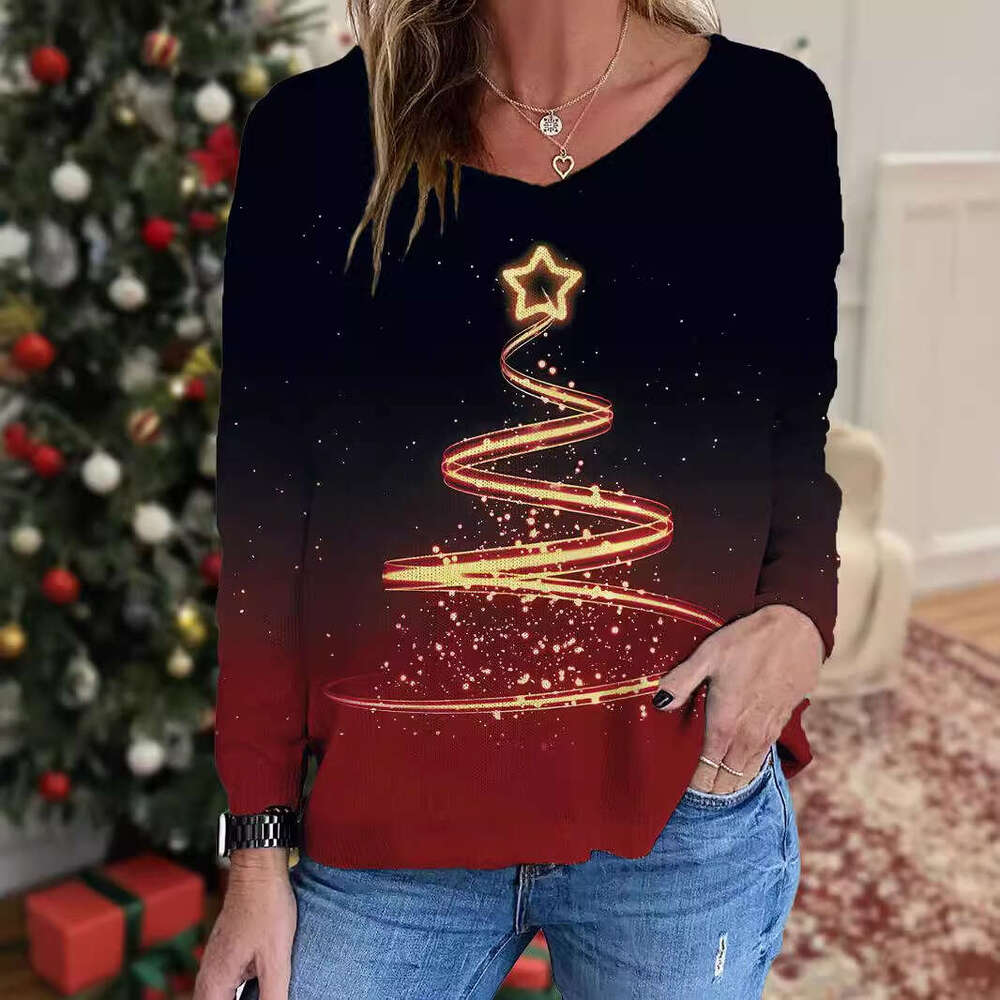 2024 Winter Digital Printed Sweater V-neck Front Short Rear Long Side Split Christmas Tree Line Print, Female