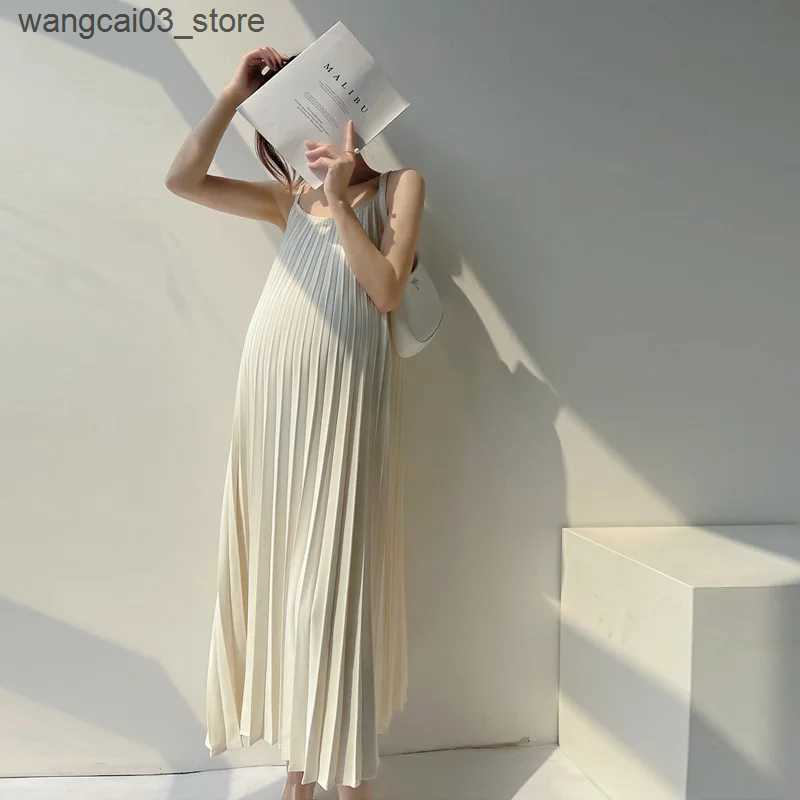 Maternity Dresses Maternity Dresses Chiffon Pleated Long Pregnancy Dress Casual Loose Maternity Clothes For Pregnant Women Fashion 2024 Plus Size L240