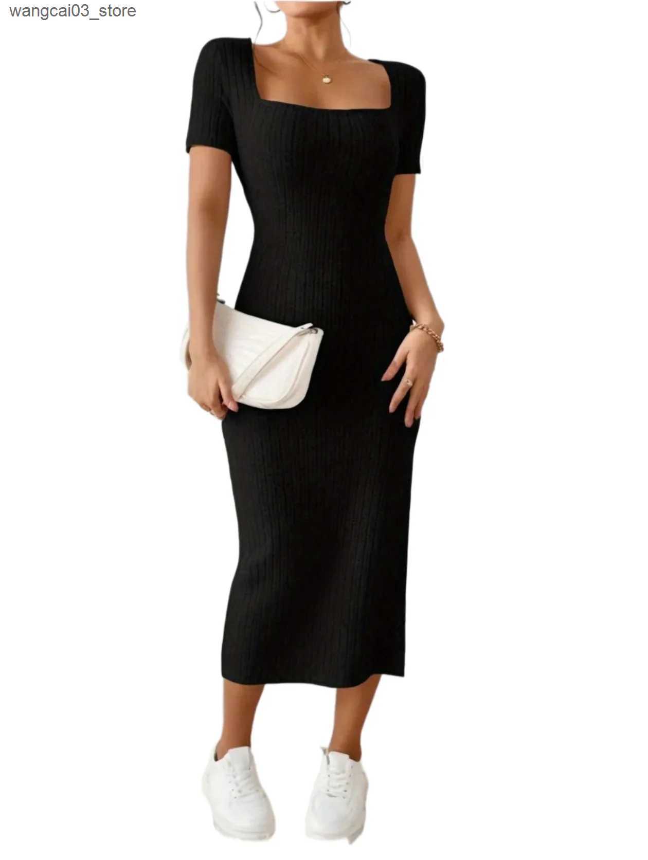 Maternity Dresses French Square Neck Ribbed Knit Short-sleeved Dress With Side Slits L240910