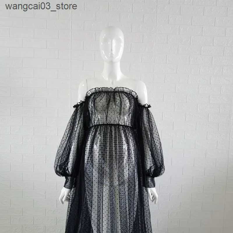 Maternity Dresses White Dot Tulle Maternity Photography Props Dress See Through Maternity Photo Shoot Tulle Long Dress Lantern Sleeve L240910