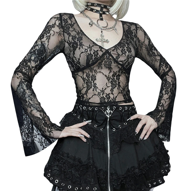 Xingqing Cyber y2k Tops Women Aesthetic See Through Floral Lace Flared Long Sleeve T Shirt 2000s Goth Grunge Clothing Streetwear 241011