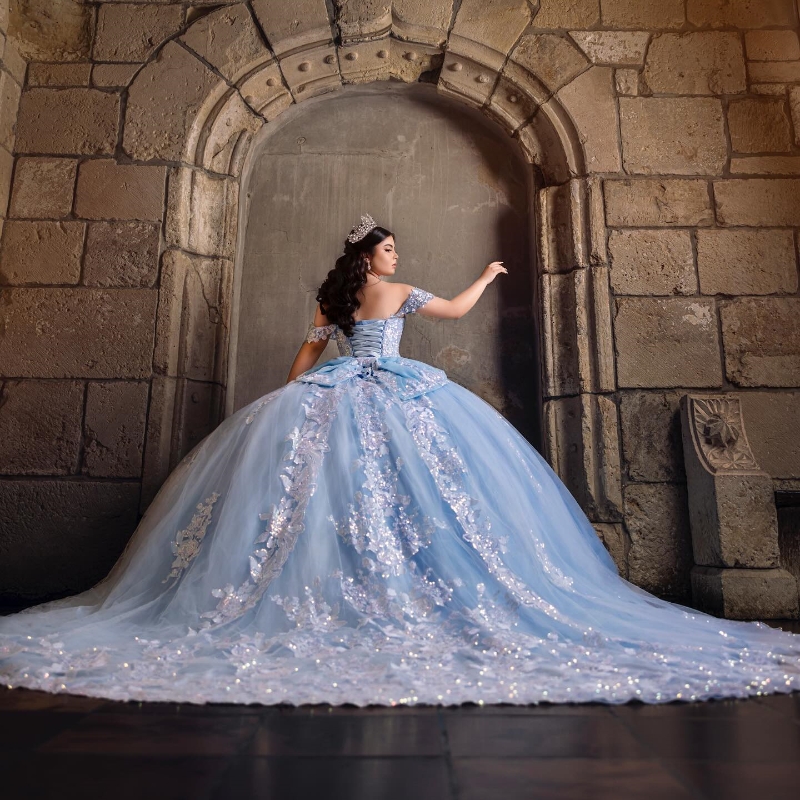 Sky Blue Quinceanera Dresses Off The Shoulder Lace Applique Bow Beads Tulle Ball Gown Birthday Party Sweet 16 Dress Vestidos 15 De Anos