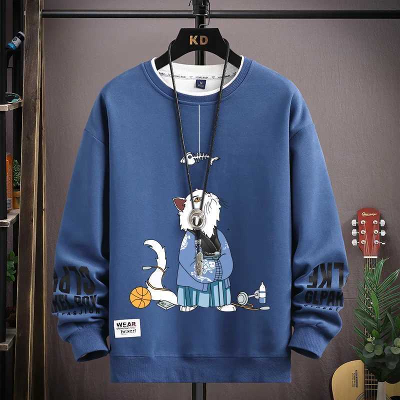 Autumn Mens Sweater Japan Cartoon Cat Printed Sweatshirt Harajuku High Street Trendy Long Sleeve O Neck T-shirt Mens Clothing LX241011