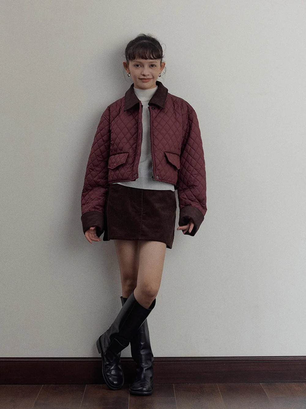 Women Lapel Short Cotton Jacket Corduroy Collar Contrast Color Plaid Quilted Lady LongSleeve SingleBreasted Autumn 240930