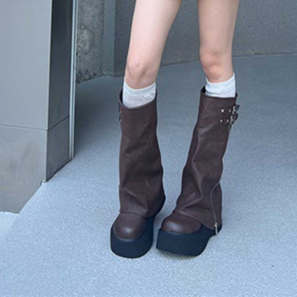 Fishing Thigh High Heel Boots Leather For Women Thick Soled Fashion Boots Model Knee Length Martin Boots Short Bottom Knight Boots 240826