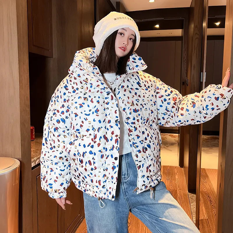 Down Cotton Coat Womens 2024 Winter Jacket Short Loose Padded Coats Printing Hooded Allmatch Fashion Korean Bread Jackets 240930