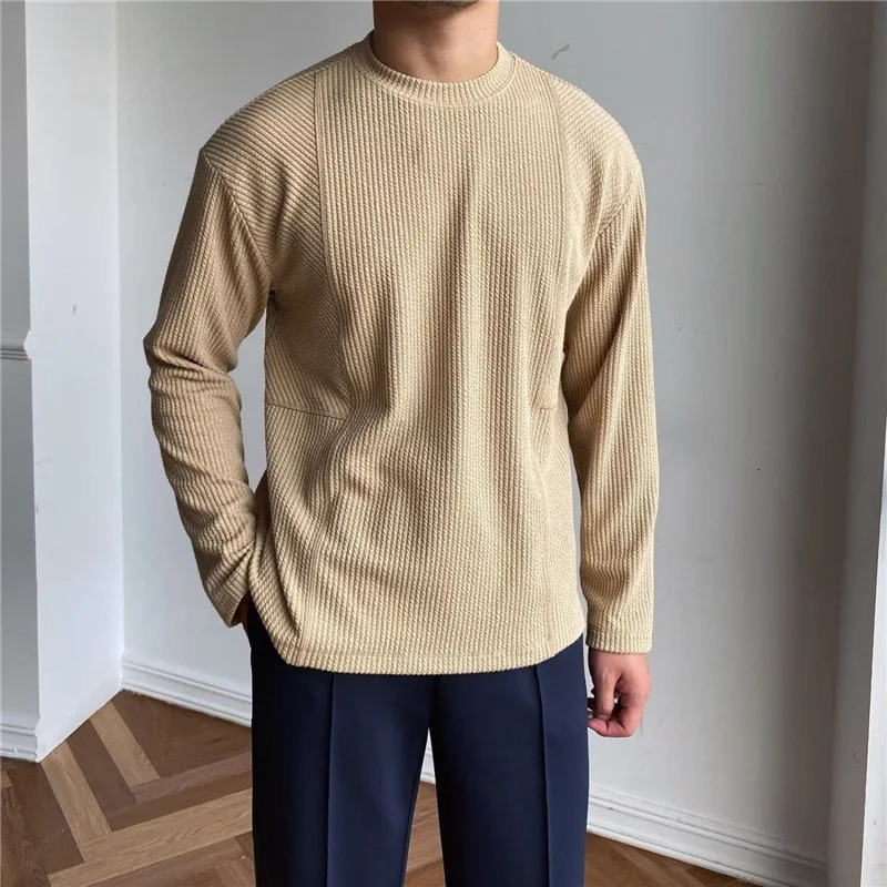 Spring Autumn Casual Fashion Solid Loose T-shirt Man Long Sleeve All Match Korean Style Patchwork Pullover Tops Tee Male Clothes 241011