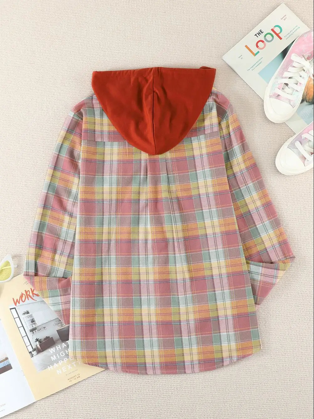 Women Autumn Hooded Collar Plaid Sweatshirt Drawstring Loose Casual Hoodies Button With Chest-pocket 240919