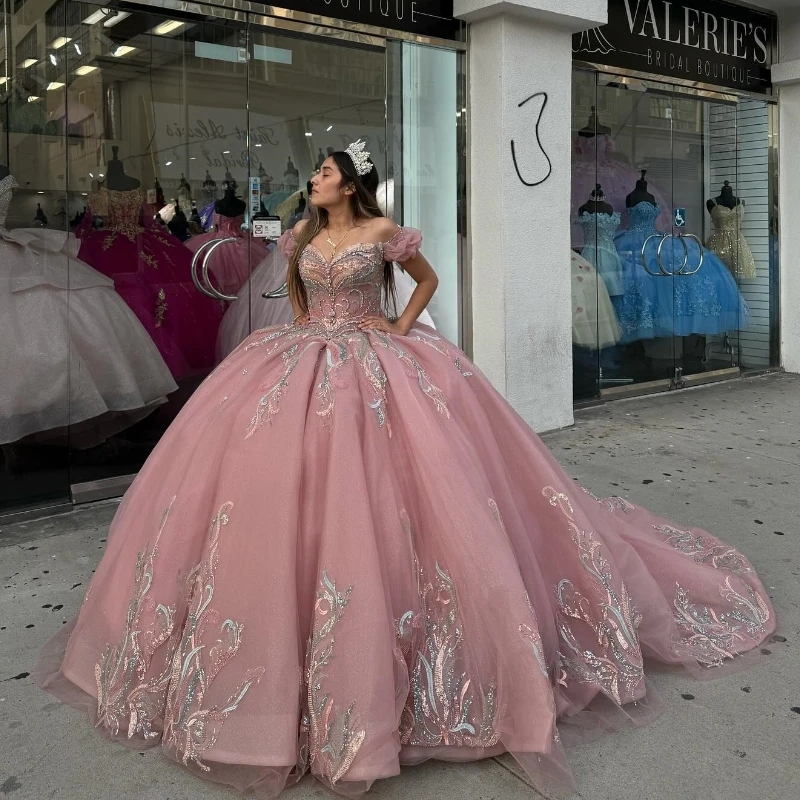 Pink Shiny Off The Shoulder Quinceanera Dresses Ball Gown Appliques Lace Beads Tull Sweet 16 Dress Vestidos 15 De XV Anos
