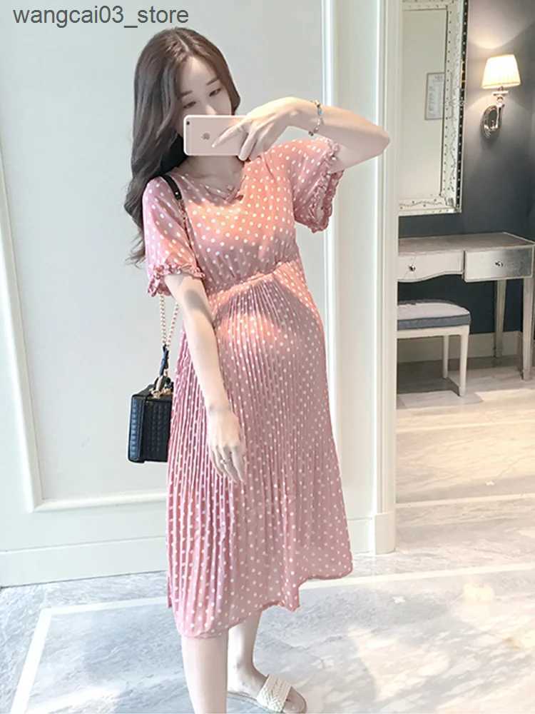 Maternity Dresses Pregnant Women Summer Dress Petal Collar Sweet Bubble Sleeve Temperament High Waist Maternity Gown Peter Pan Casual L240910