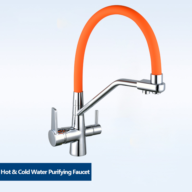 Kitchen faucet brass faucet hot and cold water faucet pure water faucet any telescopic double handle faucet orange tube