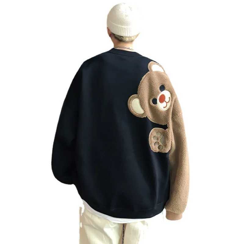 Y2K Mens Cartoon Bear Patchwork Couple Oversized Black Sweatshirts Warm Casual Winter Tops Men Women Loose Sweatshirt Techwear LX241011