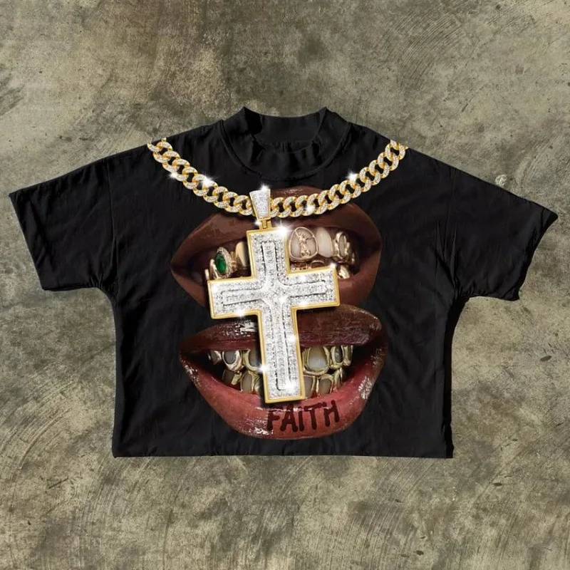 Faith Cross Diamond Necklace Lips Shape 100% Cotton Short Sleeve Cut Tshirt Mens Y2K Oversized Womens Top 241011