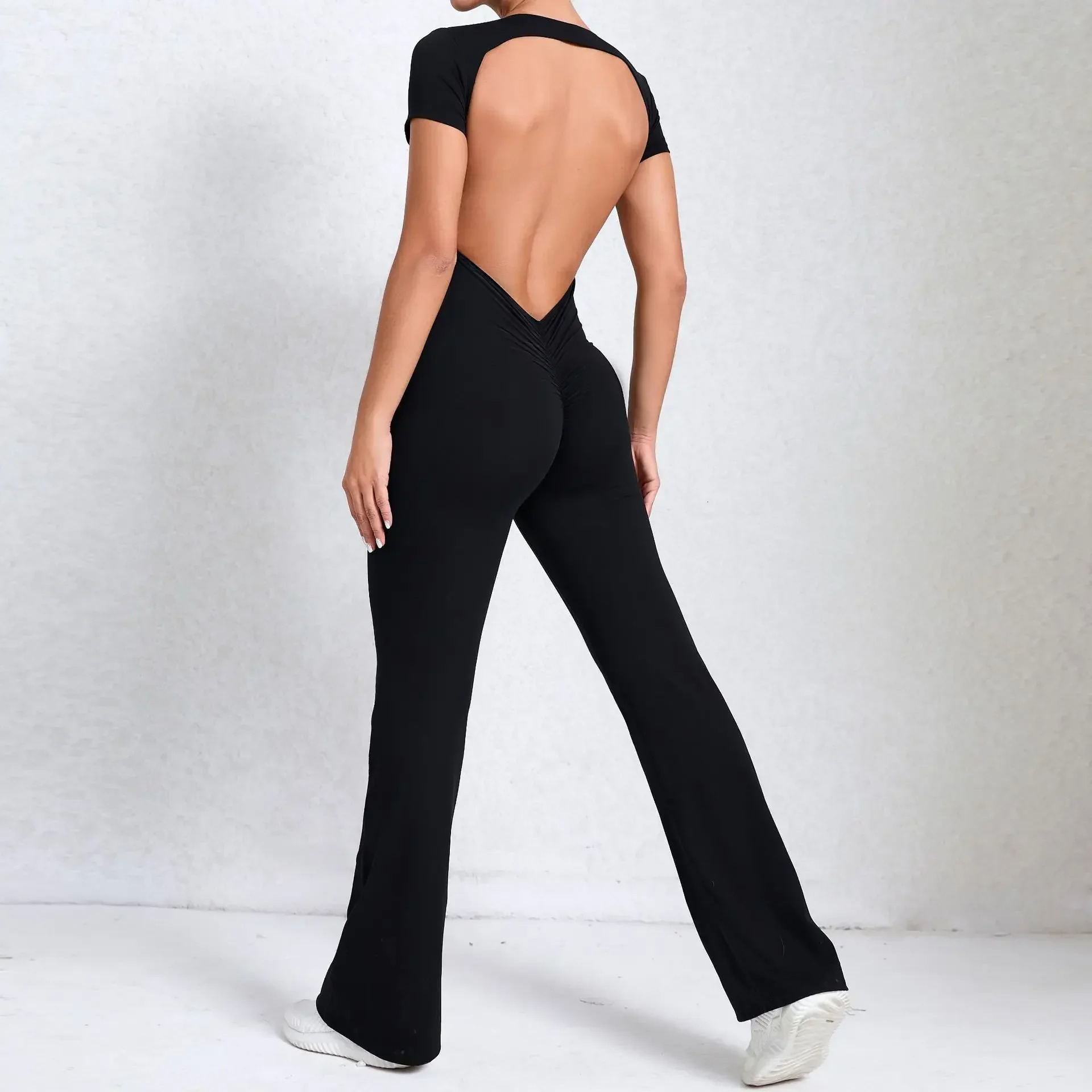 Sexy Backless Scrunch Flared Jumpsuits Women One Piece Sportswear Yoga Clothes Short Sleeve Fiess Overalls Female Sport Outfit mascot