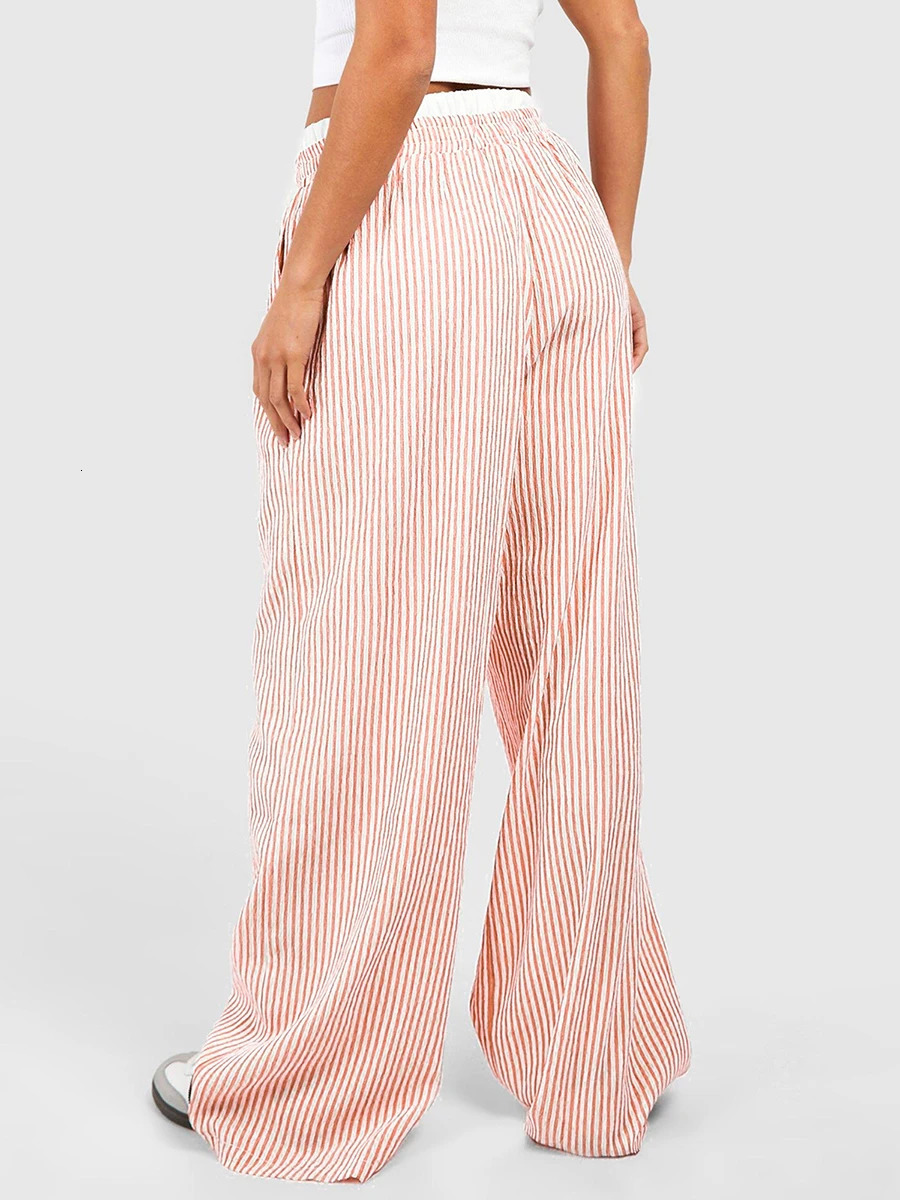Y2k Striped Wide Leg Pants: Comfy Pinstripe Lounge Bottoms For Women's Street Style