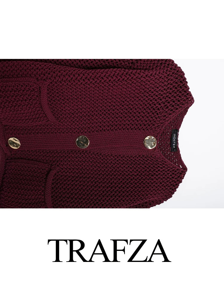 TRAFZA Women Hollow Out y Knitted Cardigans 2024 Female Long Sleeve Metal Buttons Short Sweater Crop Top Knitwear Outerwear 241007