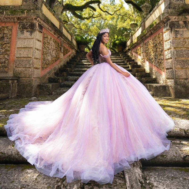 Pink Quinceanera Dresses Sweet 16 Year Ball Gown Off the Shoulder Applique Lace Tull Party Birthday Dress for Girl vestidos 15 De Anos