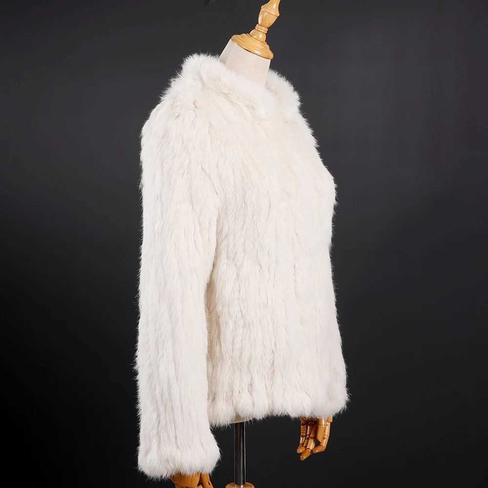 Luxury Womens Winter True Rabbit Fur Knitted Jacket Long Sleeve Vertical Collar Coat Womens Classic True Fur Coat with Pocket W241010