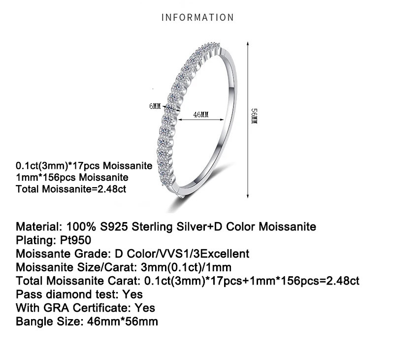 AIFAFA 2.48- all Mo silica bracelet for women galvanized Pt950 thick solid S925 silver cuff bracelet laboratory diamond wedding jewelry 241007