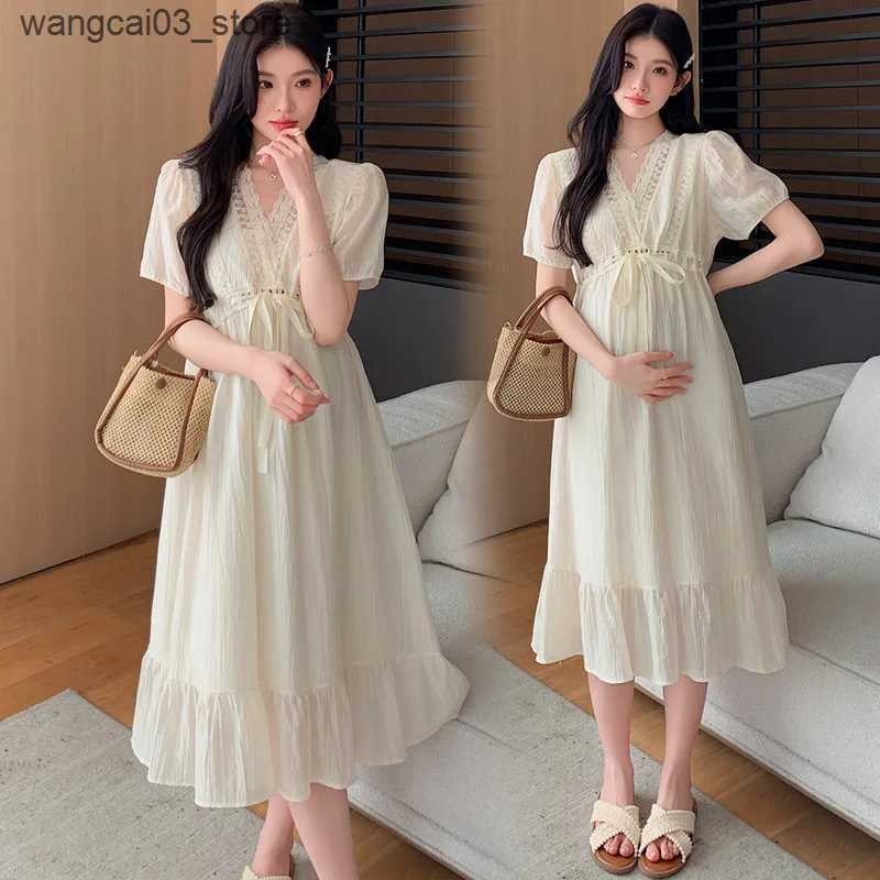 Maternity Dresses Summer Short Sleeved Maternity Dress Drawstring Waist Hollow Out Lace Patchwork V-Neck Pregnant Woman Beach Dress Holiday Dress L240