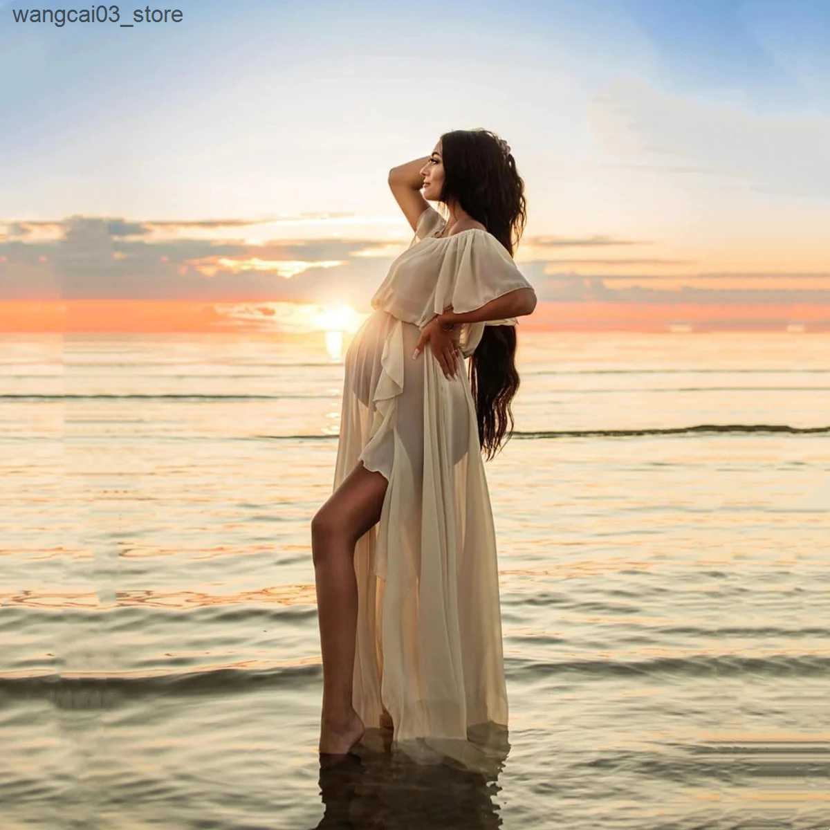 Maternity Dresses Summer Chiffon Slash Neck Maternity Photography Long Dress Sides Slit Boho Chiffon Pregnancy Photo Shooting Maxi Dress L240910 L0910