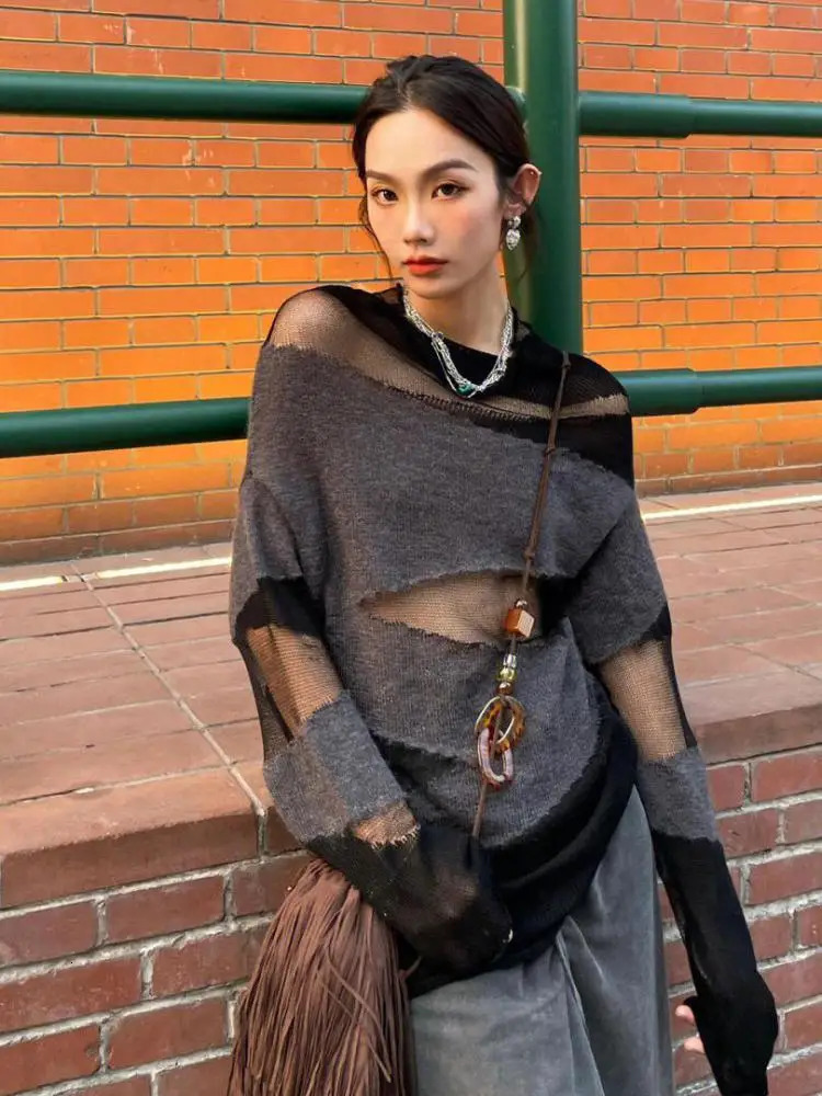 Yedinas Loose Patchwork Hollow Out Knitted Tops Long Sleeve Autumn Streetwear Thin Sweater Women Pullovers Ladies Jumper 241011