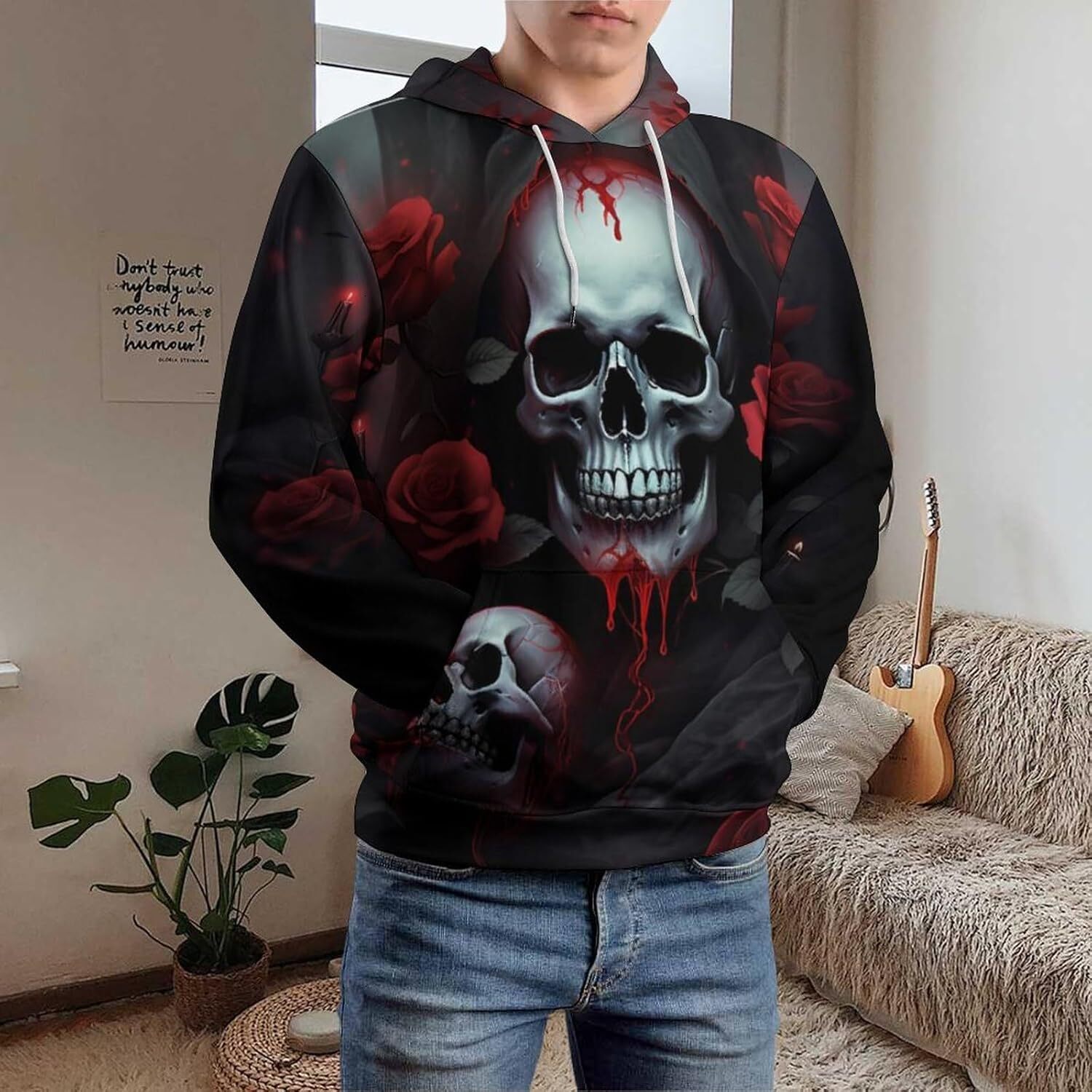 Hoodie for Mens Womens Skull Pullover Hoodie for Men Long Sleeve Crweneck 3D Printed Casual Pullover Hoodie for Men Trendy Gym Men Hoodies Graphic