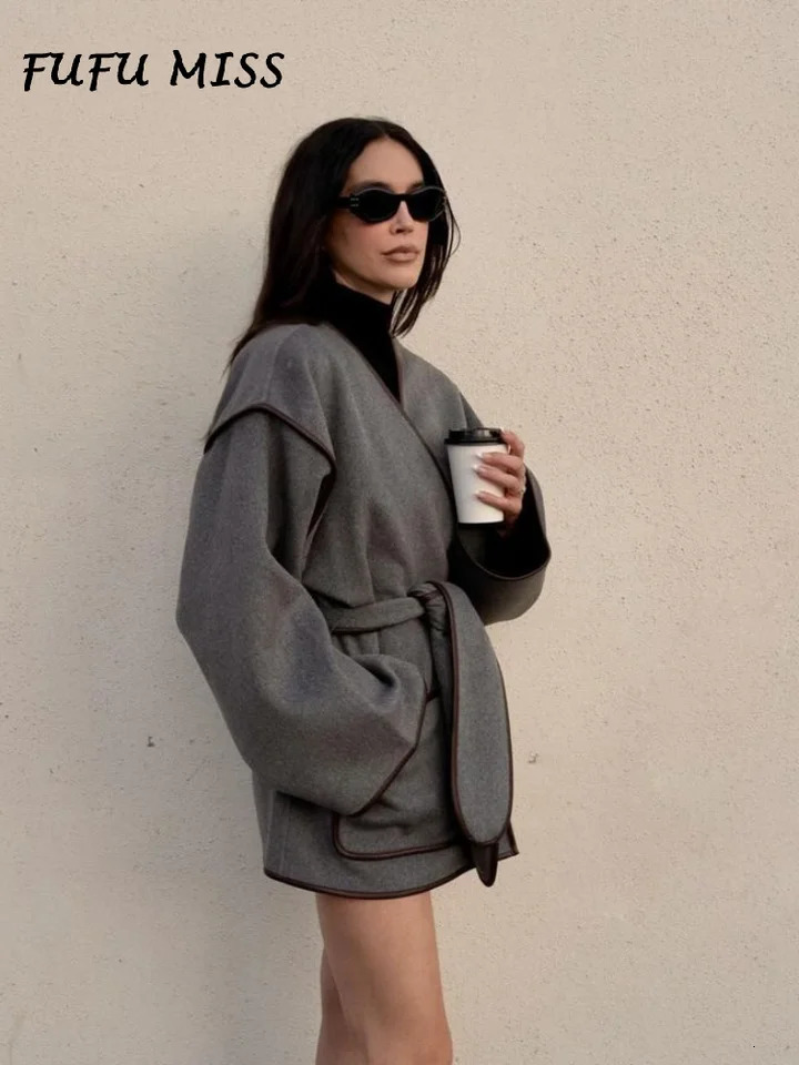 Elegant Contrast Loose Womens Coat With Belt Vneck Long Sleeve Pockets Casual Oversize Coats 2024 Autumn Lady Street Outerwear 240930
