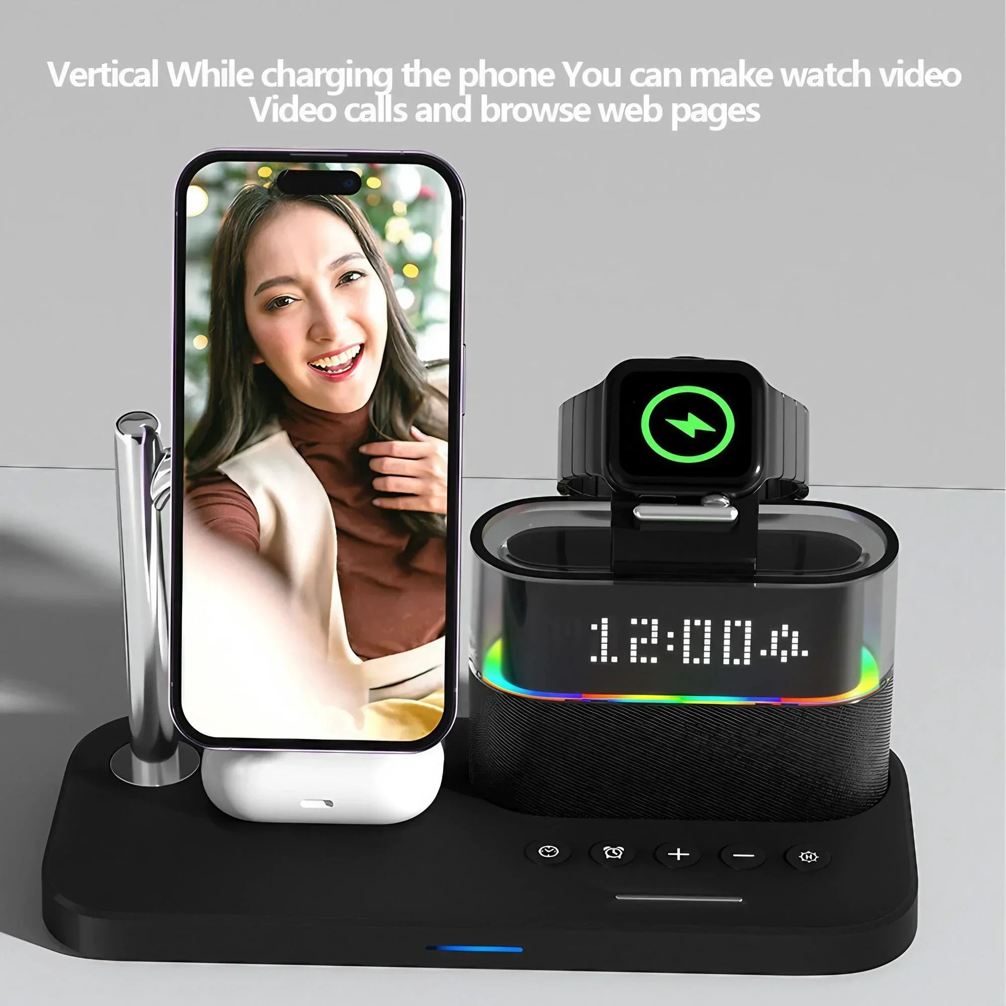 STOENGO 15W 5 in 1 Magnetic Wireless Charger Clock Wireless Charger for IPhone IWatch Ultra AirPods Samsung Fast Charging