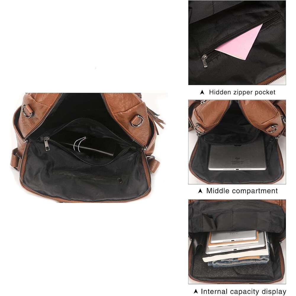 Leather Backpack Purse for Women Fashion PU Large Shoulder Bag Tassel Rucack Ladies Tote Handbag