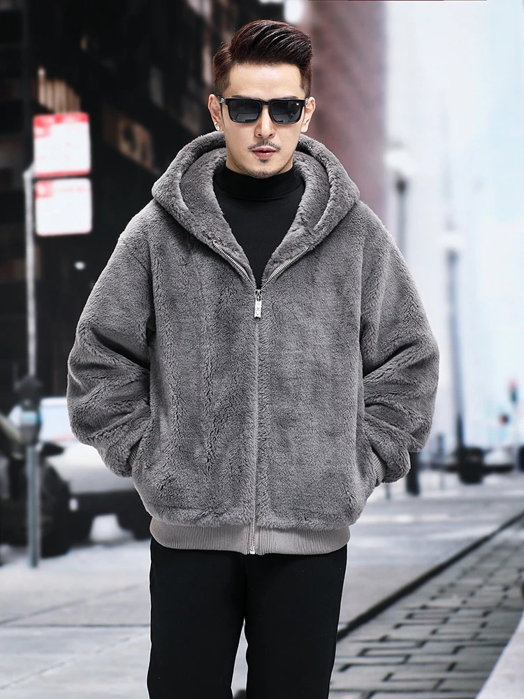 Leather fur coat mens short thick warm loose hooded cashmere sheepskin integrated jacket autumn winter fashion casual high-end 240927