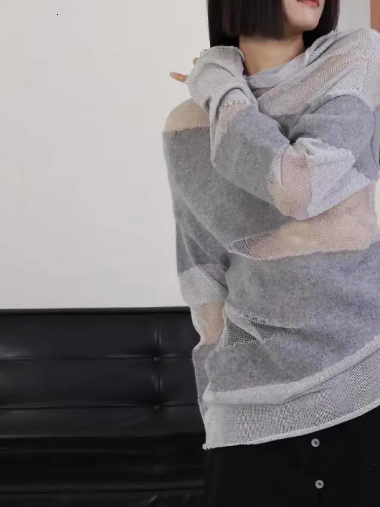 Yedinas Loose Patchwork Hollow Out Knitted Tops Long Sleeve Autumn Streetwear Thin Sweater Women Pullovers Ladies Jumper 241011