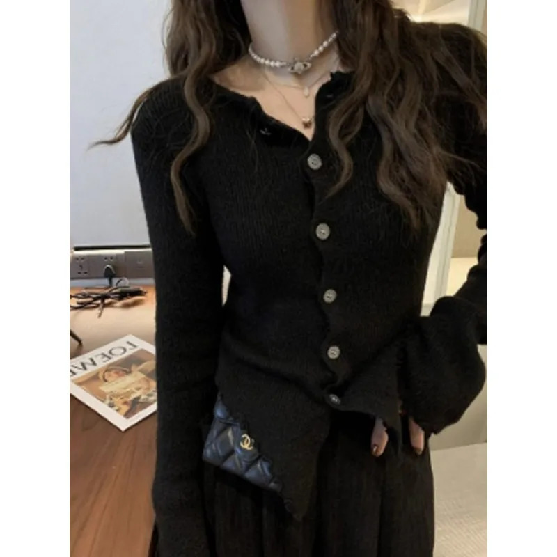 Deeptown Y2k Grey Vintage Women Kint Sweater Harajuku Long Sleeve Cardigan Irregular Korean Fashion Slim Autumn Jerseys Casual 241007