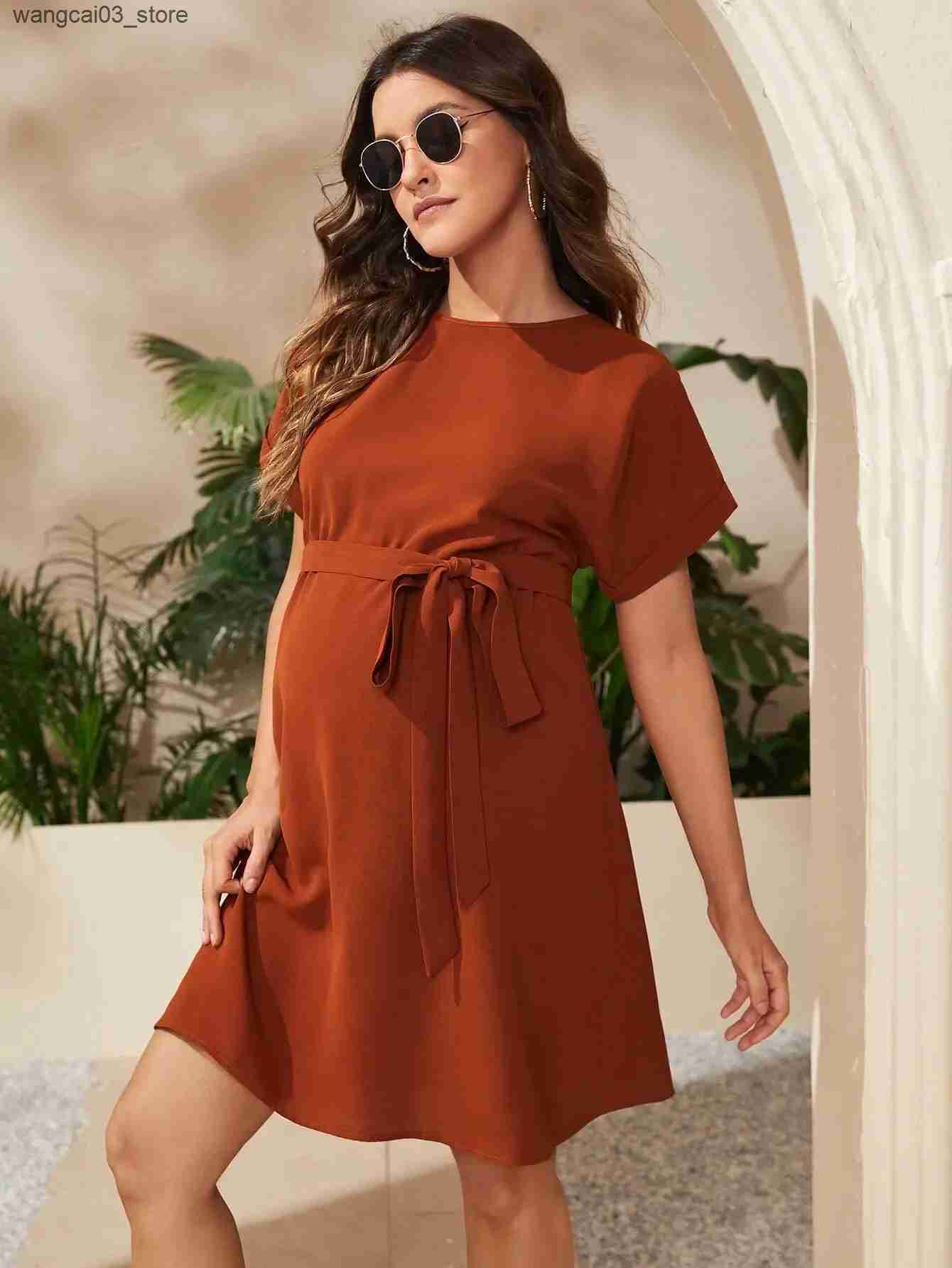 Maternity Dresses 2023 Summer Pregnant Women O Neck Short Sleeve Flap Patched Dress For Premama Clothes Maternity Solid Color Bandage Dresses New L240