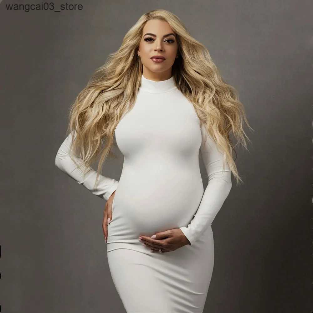 Maternity Dresses High Neck Stretchy Baby Shower Long Dresses Full Sleeve Skinny Maternity Photography Prop Dress L240910