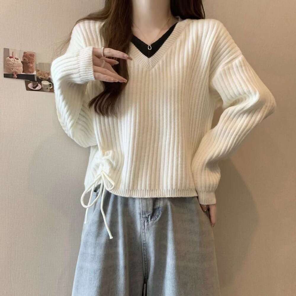 French V-neck fake two piece knitted sweater for women in autumn 2025 new style, slim and versatile, drawstring tied loose top trendy