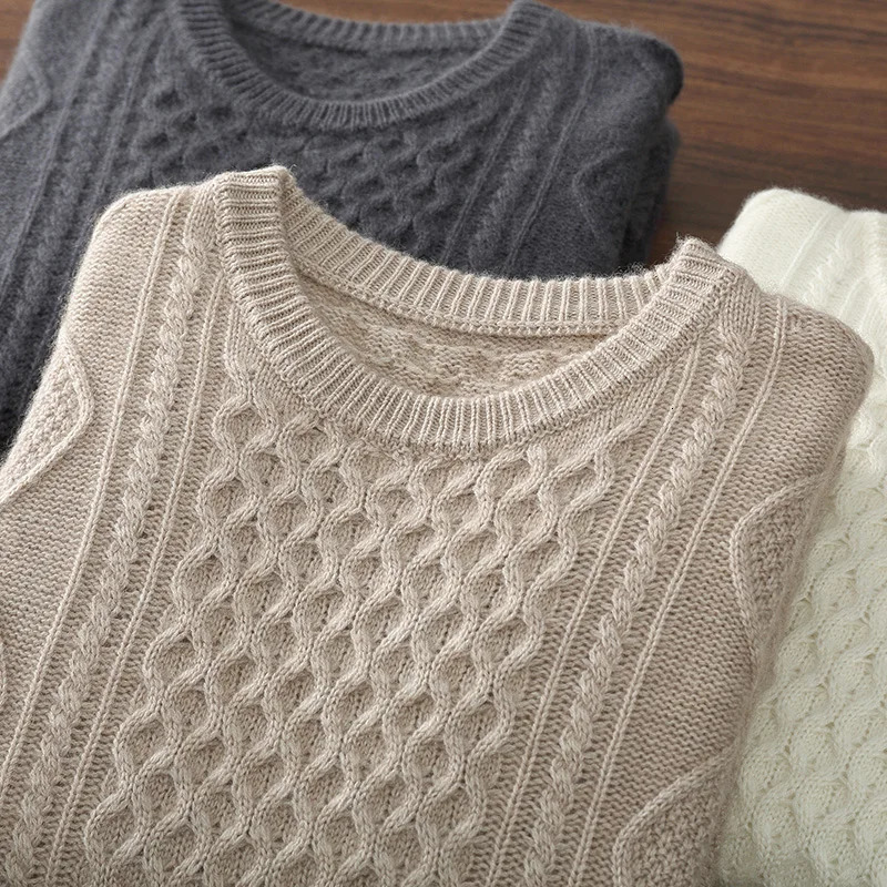 100 Cashmere Sweater Mens ThreePly Thick Twisted Heavy Round Neck Pullover Long Sleeve Casual Knitting Bottoming Warm 241009