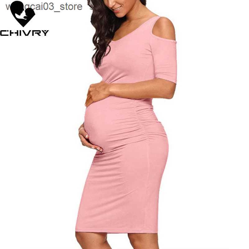 Maternity Dresses Chivry New Maternity Women Pregnancy Dresses Mama Clothes O-Neck Solid Sexy Off Shoulder Bodycon Pregnant Women Casual Dress L240910