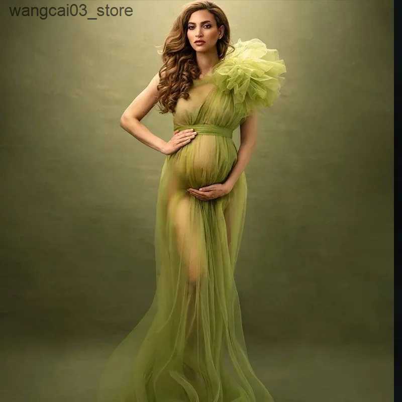 Maternity Dresses Sexy One Shoulder Maternity Women Photography Props Dress Premama Solid Tulle Mesh Maxi Baby Shower Gowns For Pregnancy Clothing L24