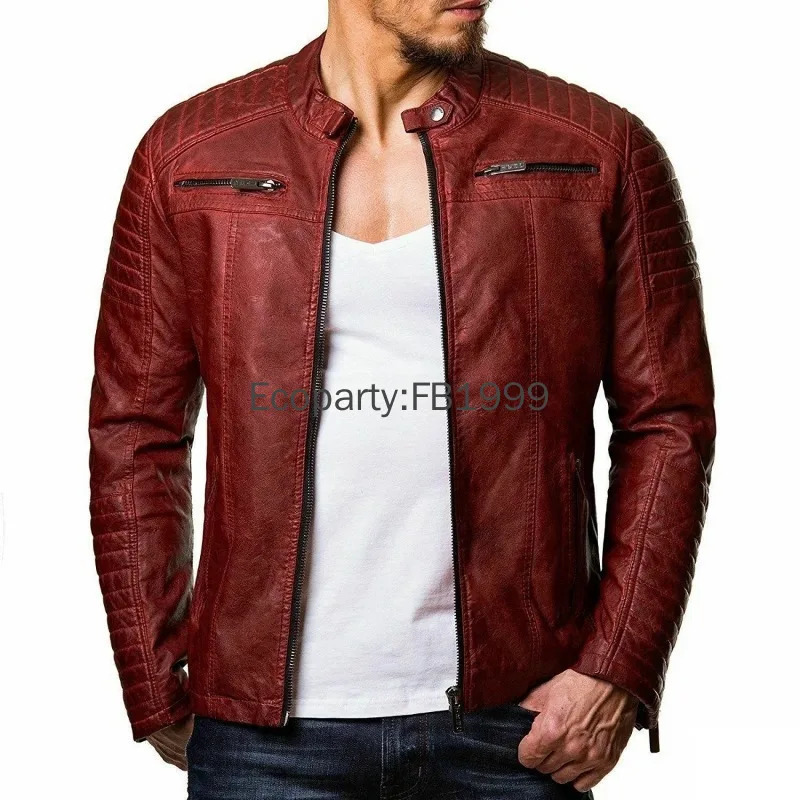 Mens Fashion Pu Leather Jacket Red Black Slim Oneck Zipper Spring Autumn Casual Windproof Coat Male Clothing 241008
