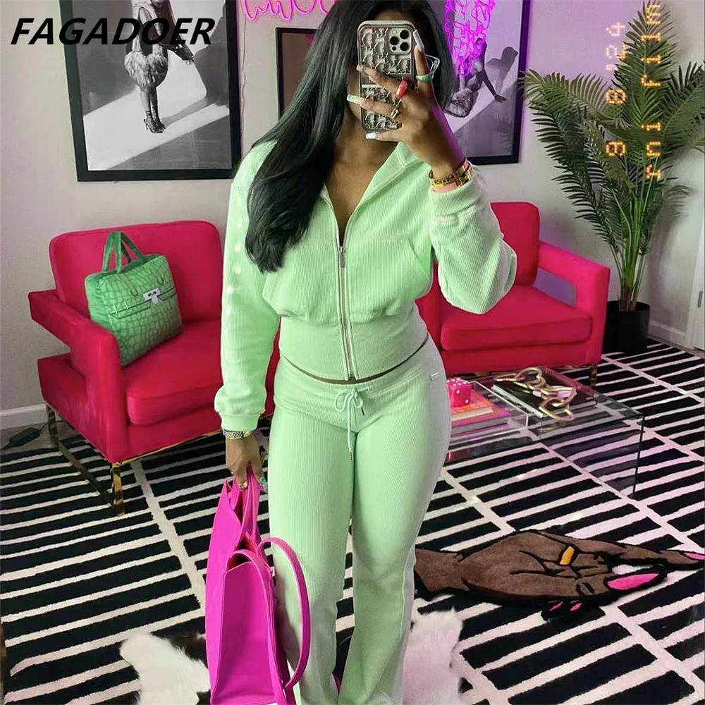 FAGADOER INS Autumn 2piece set waffle biscuit zipper patch work sweater jacket and pants fashionable sports streetwear 241008