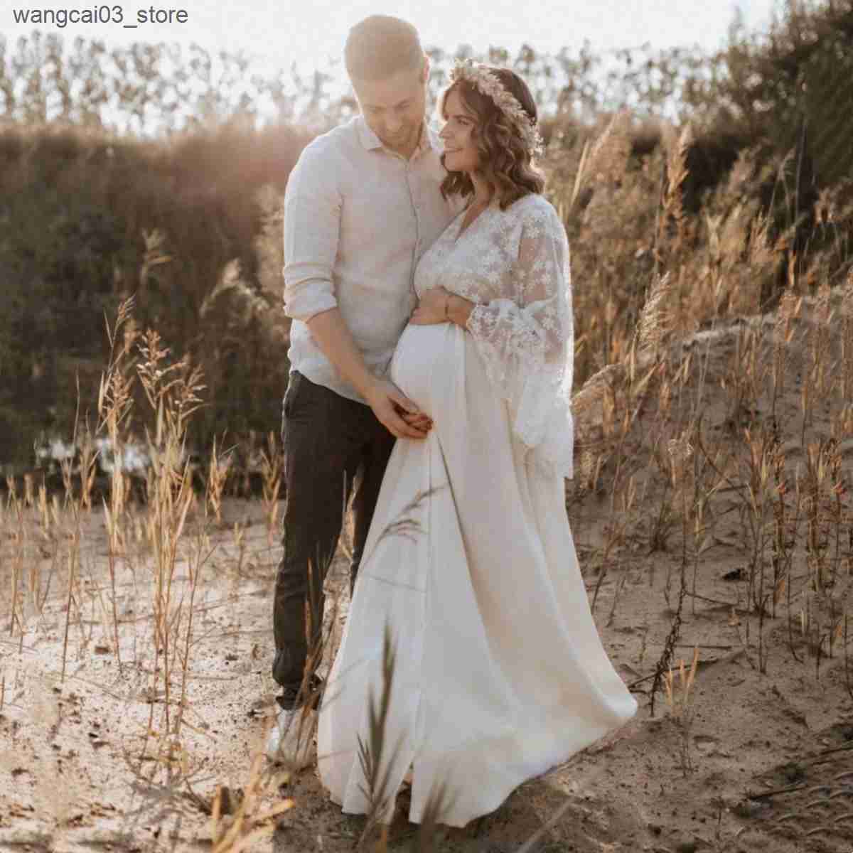 Maternity Dresses Boho Cotton Maternity Photo Shoot Dress Beige Bohemian Lace Stiches Cotton Pregnant Woman Photography Long Dresses L240910