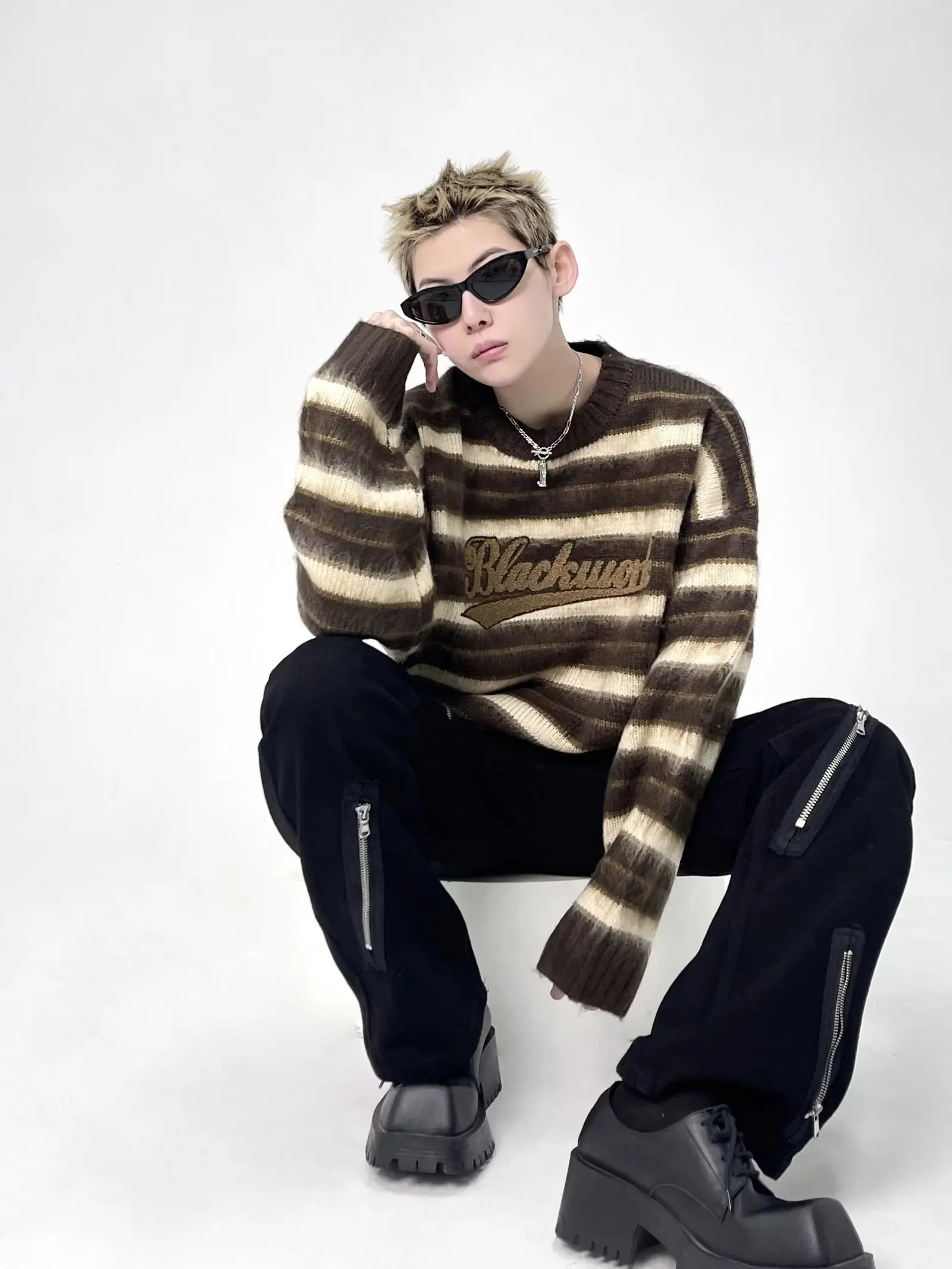 US striped round neck loose mens sweater strapless knit couple jacket Korean style sweater 241007