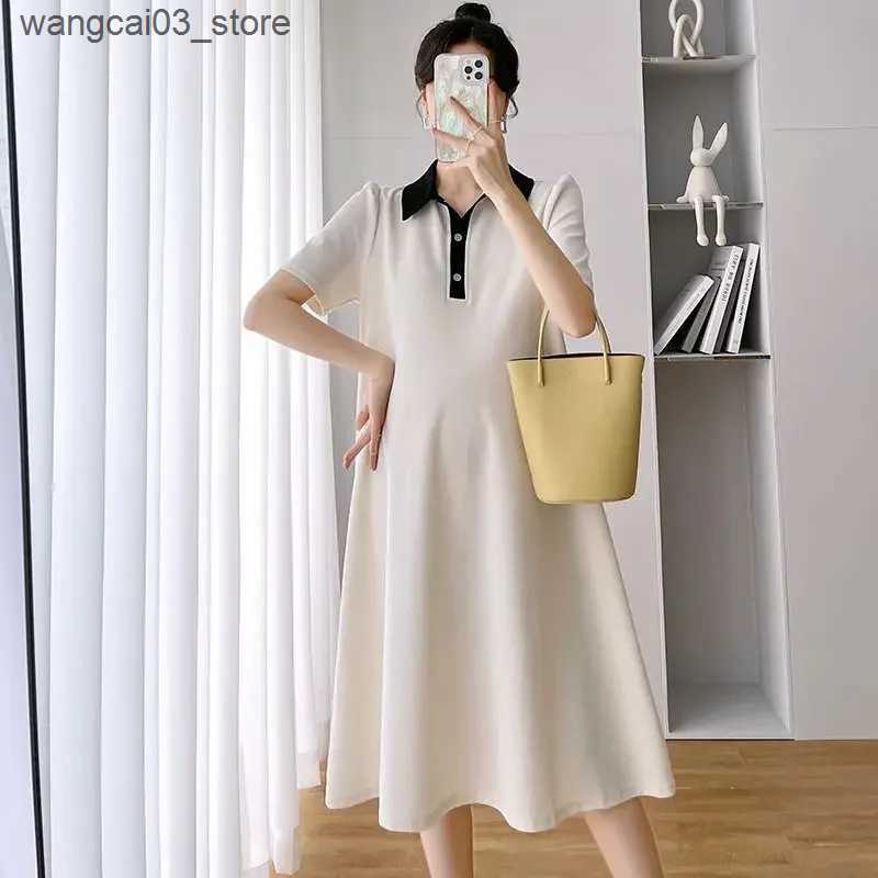 Maternity Dresses Summer Pregnant Women Dresses Maternity Lapel Dress Pregnancy Solid Color Loose Knee A Skirt Female Girls Casual Clothes L240910