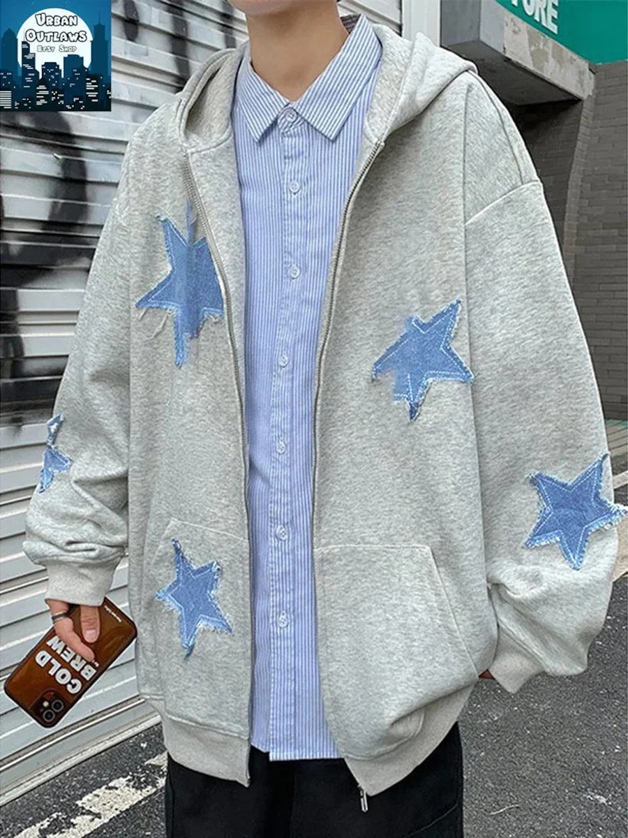 Womens Zipper Hoodie Star Pattern Casual Long Sleeve Sports Jacket with Pocket Suitable for Autumn Street Wear 241010
